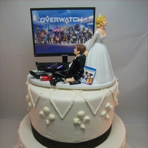 GAMER Funny Wedding Cake Topper OVER Video Game Gamer Junkie Addict Charming Rehearsal Groom&#39;s Shooter Bride and Groom