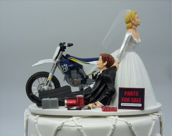 Motorcycle HUSQ 450 Dirt Bike Auto Mechanic Bride and Groom Funny Wedding Cake Topper