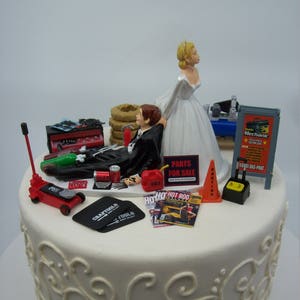 SALE Humorous Wedding Cake Topper Funny Mechanic Grooms Garage Man Cave Car Tire Repair Shop Unique Bride & Groom Awesome Rehearsal