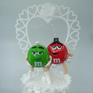 Funny M & M Green and Red Bride and Groom Wedding Cake Topper Cute Adorable Comics Classic