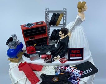 SALE Humorous Wedding Cake Topper Funny Mechanic Grooms Garage Man Cave Car Tire Repair Shop Unique Bride & Groom Awesome Rehearsal
