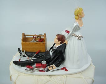 Mecánico de automóviles Divertido Pastel de bodas Topper Novio de novia Divertido Humorístico solo para él Novio Cake Wrench Tools Grease Monkey