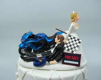 Moto Bleu KAWASAKI (ou choisissez votre vélo) Racing Street Bike Bride and Groom Funny Wedding Cake Topper