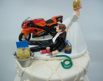 Motorcycle Dirt Bike Wedding Cake Topper Bride and Groom Orange Red Yamaha R7 Funny Mechanic Grooms Cake Street Bike Wash