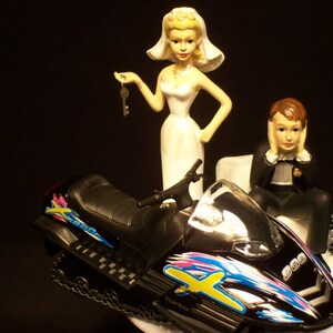 Got the Key SNOWMOBILE Bride and Groom w/ Die-Cast BLACK Arctic Sled Wedding Cake TOPPER and Snowy Tree Groom's Cake image 4