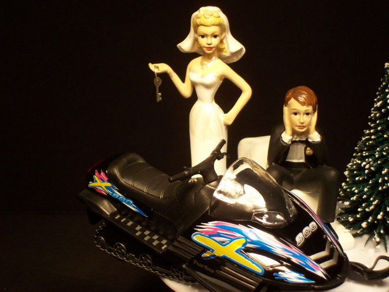 Got the Key SNOWMOBILE Bride and Groom w/ Die-Cast BLACK Arctic Sled Wedding Cake TOPPER and Snowy Tree Groom's Cake image 4