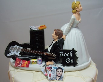 NEW No more ROCKIN Black/White Electric GUITAR Funny Wedding Cake Topper Rockstar Rocker Bride and Groom Rock n Roll Groom with Amp.