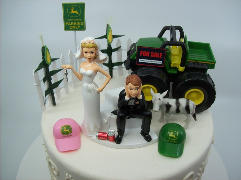 No Farming Corn Fence JOHN DEERE TRACTOR Bride and Groom shops Got the Key Wedding Cake Topper Funny
