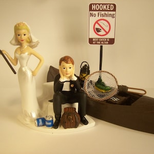Got the Pole ! No FISHING Funny Wedding Cake Topper w/ Boat Bride and Groom Angler Best Catch Fisherman