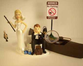 Got the Pole ! No FISHING Funny Wedding Cake Topper w/ Boat Bride and Groom Angler Best Catch Fisherman