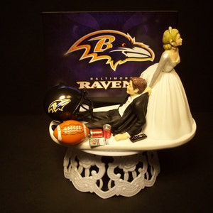 FOOTBALL BALTIMORE RAVENS or your team Bride and Groom Funny Wedding Cake Topper Groom&#39;s Cake