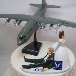 Military US Air Force Wedding Cake Topper with C-130 Hercules Airplane and Change Uniform Formals Funny Awesome Bride and Groom Service