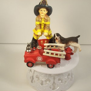 FIREMAN Funny Birthday CAKE TOPPER Fire Fighter Kid Cute Boy and Peeing Dog on Fire Hydrant