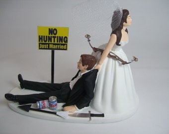 NO HUNTING with BOW Long Brown Hair Bride Veil and Groom Wedding Cake Topper Funny Hunt is Over Arrow