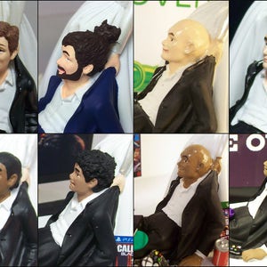 May include: Set of six wedding cake toppers featuring different couples in various poses. The toppers are made of white and black plastic and are approximately 4 inches tall.