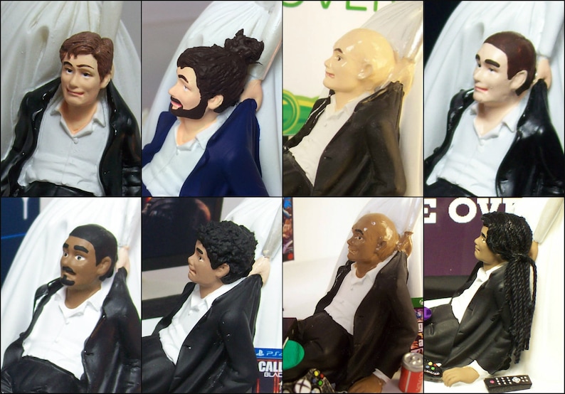 May include: Set of six wedding cake toppers featuring different couples in various poses. The toppers are made of white and black plastic and are approximately 4 inches tall.
