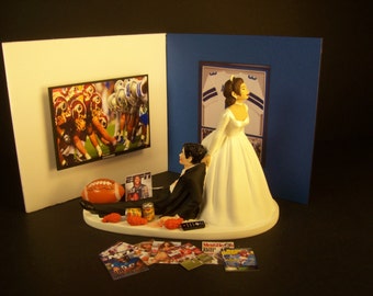 FOOTBALL Fan Game Cowboys Man Cave Funny Wedding Cake Topper TAN Hispanic Bride and Groom Sports TV Hot Dog Interracial Groom's Cake