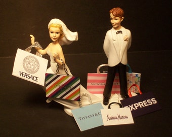 RUNNING SHOPPING BRIDE and Groom Wedding Cake Topper Limited Funny Shopaholic Mall Haul Custom Bags Shop Addict Stores Pretty Glam