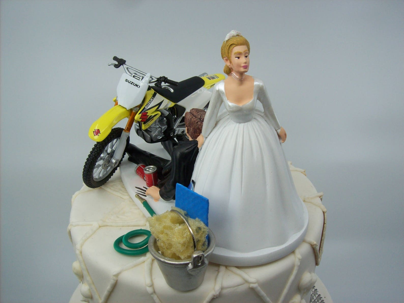 Motorcycle Dirt Bike Wedding Cake Topper Bride and Groom Yellow Suzuki ...
