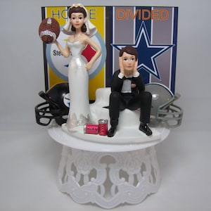 HOUSE DIVIDED with Helmets: Steelers vs. Cowboys Football Team RIVALRY Bride and Groom Funny Wedding Cake Topper