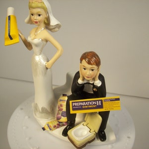 Got the Poops ! Preparation H Funny Wedding Cake Topper Hemorrhoids Bride and Groom with Toilet Groom&#39;s Cake