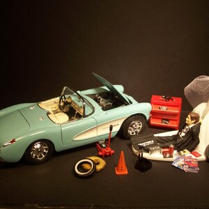 AUTO MECHANIC Bride & Groom 57 Chevrolet Corvette Light Blue Wedding Cake Topper