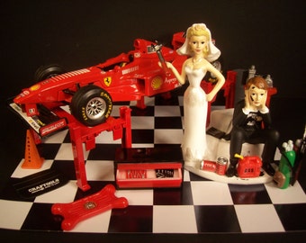 AUTO Mechanic Got the Wrench - F1 Red F300 Ferrari Formula 1 Race Car w/ Car Lift Bride and Groom Funny Wedding Cake Topper Groom's Cake