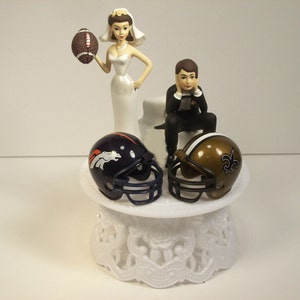 House Divided Football BRONCOS SAINTS (or your teams) Team Helmets RIVALRY Funny Wedding Cake Topper Brown Hair