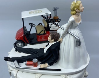 NO GOLF Bride and Groom with Red Golfing Cart Wedding Cake Topper Funny