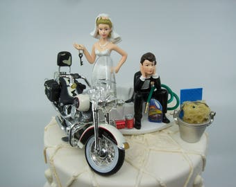 Motorcycle Dirt Bike Wedding Cake Topper Bride and Groom Funny Mechanic Grooms Cake White Harley Davidson Street Bike Wash Got