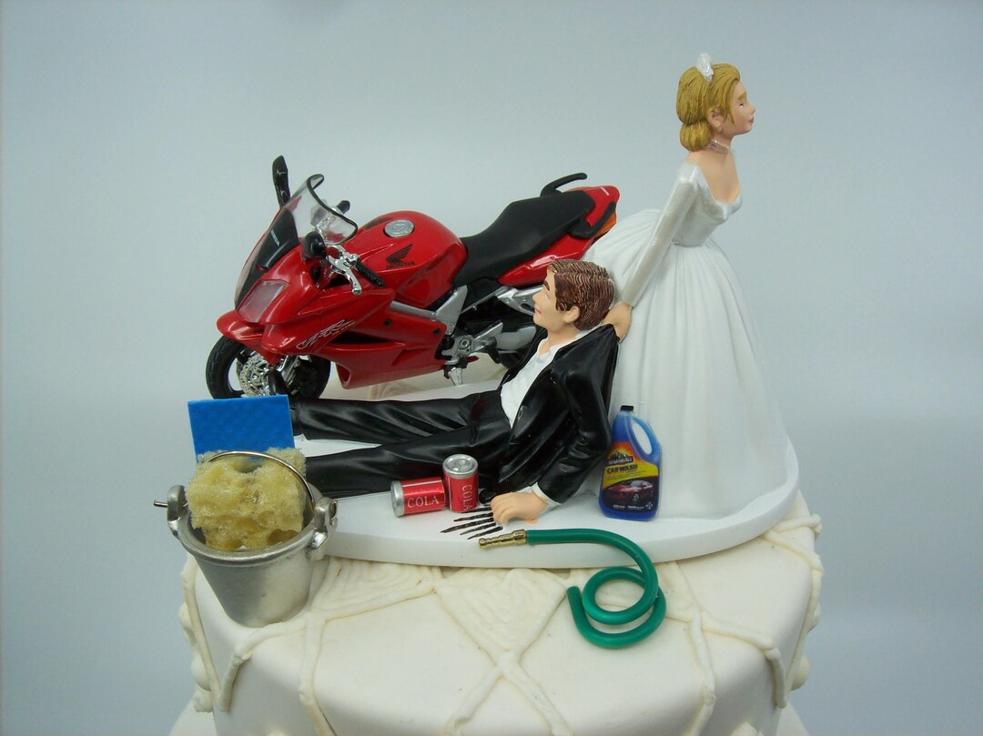 Motorcycle Dirt Bike Wedding Cake Topper Bride and Groom Red Honda VFR ...