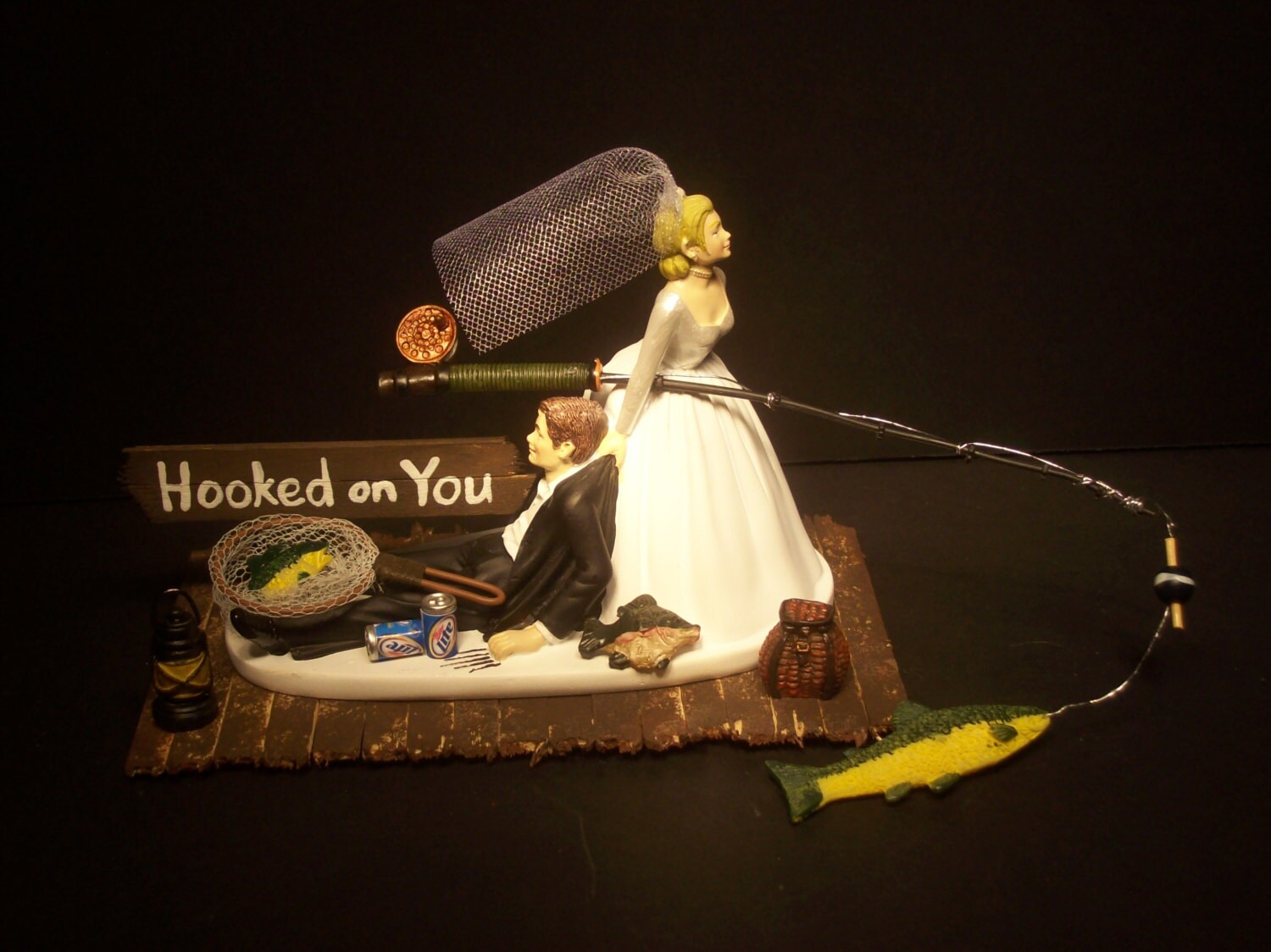 Hooked on You FISHING with PERSONALIZED Sign! Funny Wedding Cake Topper Bride and Groom