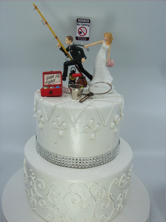 No FISHING Come Back Funny Wedding Cake Topper Bride and Groom Last One  Best Catch Fisherman 