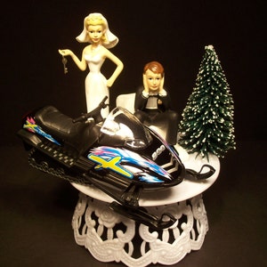 Got the Key SNOWMOBILE Bride and Groom w/ Die-Cast BLACK Arctic Sled Wedding Cake TOPPER and Snowy Tree Groom's Cake image 1