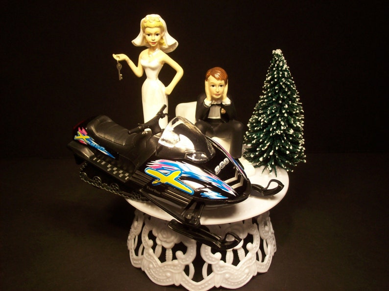 Got the Key SNOWMOBILE Bride and Groom w/ Die-Cast BLACK Arctic Sled Wedding Cake TOPPER and Snowy Tree Groom's Cake image 1