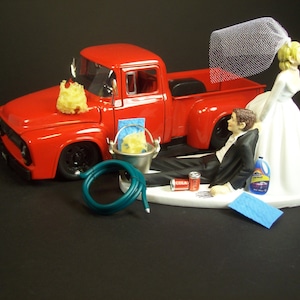 AUTO CAR Wash 1956 Ford F100 Red Truck Bride and Groom Funny Wedding Cake Topper Groom&#39;s Cake