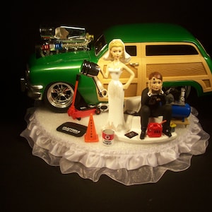 AUTO Mechanic Got the PISTON Ford Woody Green Pannelling CAR Funny Wedding Cake Topper Groom&#39;s Cake