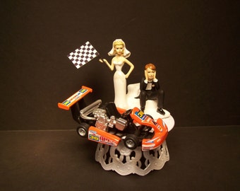 KART Die Cast Racing Flag Bride and Groom Wedding Cake Topper Funny Grooms Cake Orange Power GO Kart