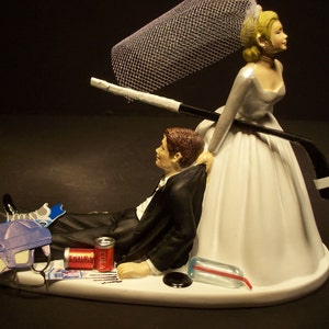 Hockey BLACK STICK Bride (with Veil) and Groom Wedding Cake Topper Funny Groom's Cake