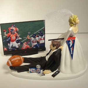 FOOTBALL Game Denver Broncos Funny Wedding Cake Topper Bride and Groom SPORTS TV Groom&#39;s Cake