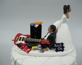 No more ROCKIN Red/White Electric GUITAR African American Funny Wedding Cake Topper Rocker Black Bride and Groom Rock n Roll Groom with Amp.