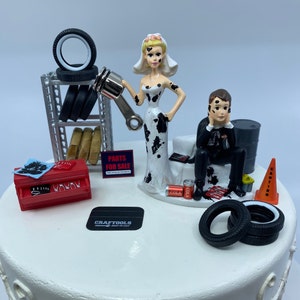 Funny Wedding Cake Topper Mechanics AUTO MECHANIC Tires & PISTON Greasy Couple Awesome Groom's Cake Humorous Rehearsal Dinner