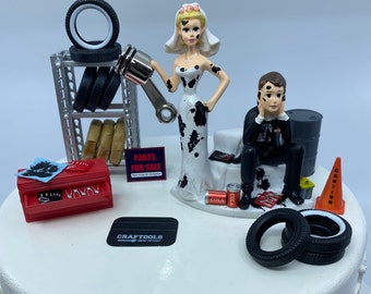 Funny Wedding Cake Topper Mechanics AUTO MECHANIC Tires & PISTON Greasy Couple Awesome Groom&#39;s Cake Humorous Rehearsal Dinner