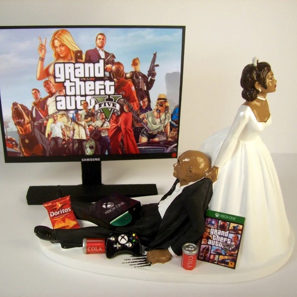 Gamer Funny Wedding Cake Topper BALD African American Video Game Gaming Junkie Addict Charming Rehearsal Black Bride Groom Play