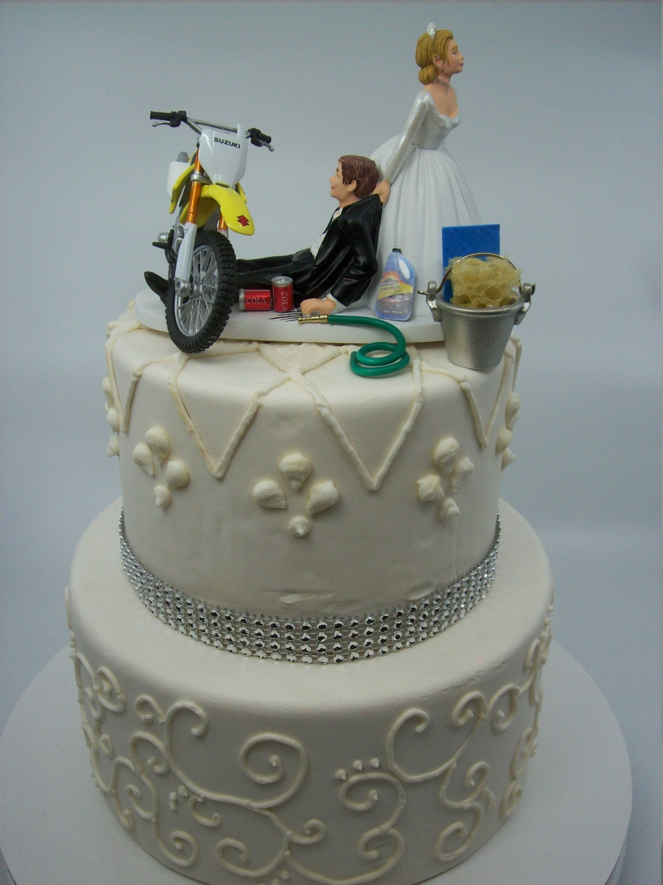 Motorcycle Dirt Bike Wedding Cake Topper Bride and Groom Yellow Suzuki ...