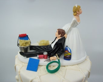 AUTO (No CAR) Wash Bride and Groom Wedding Cake Topper Funny Grooms Cake