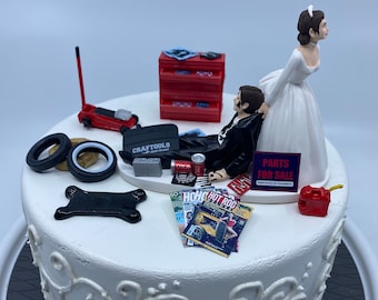 Funny Wedding Cake Topper for Mechanics AUTO MECHANIC Awesome Groom&#39;s Perfect Humorous Rehearsal Dinner Grease Monkey Brw Hair