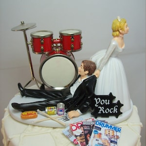 No more ROCKIN Red Drums Funny Wedding Cake Topper Rockstar Rocker Bride and Groom Rock n Roll Groom Drum set