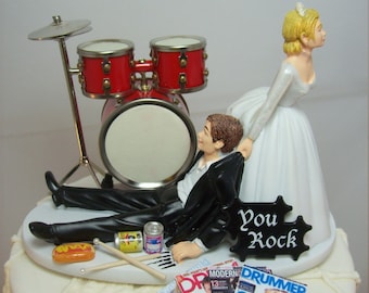 No more ROCKIN Red Drums Funny Wedding Cake Topper Rockstar Rocker Bride and Groom Rock n Roll Groom Drum set