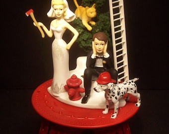 FIREMAN Fire Rescue Bride and Groom with Dalmatian & Ladder to save a Cat in a Tree! Funny Wedding CAKE TOPPER Groom's Cake